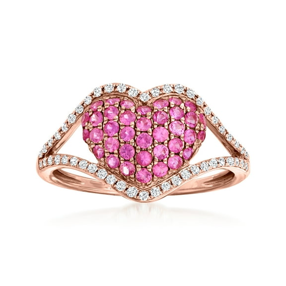 Ross-Simons 0.60 ct. t.w. Pink Sapphire and .20 ct. t.w. Diamond Heart Ring in 14kt Rose Gold, Women's, Adult