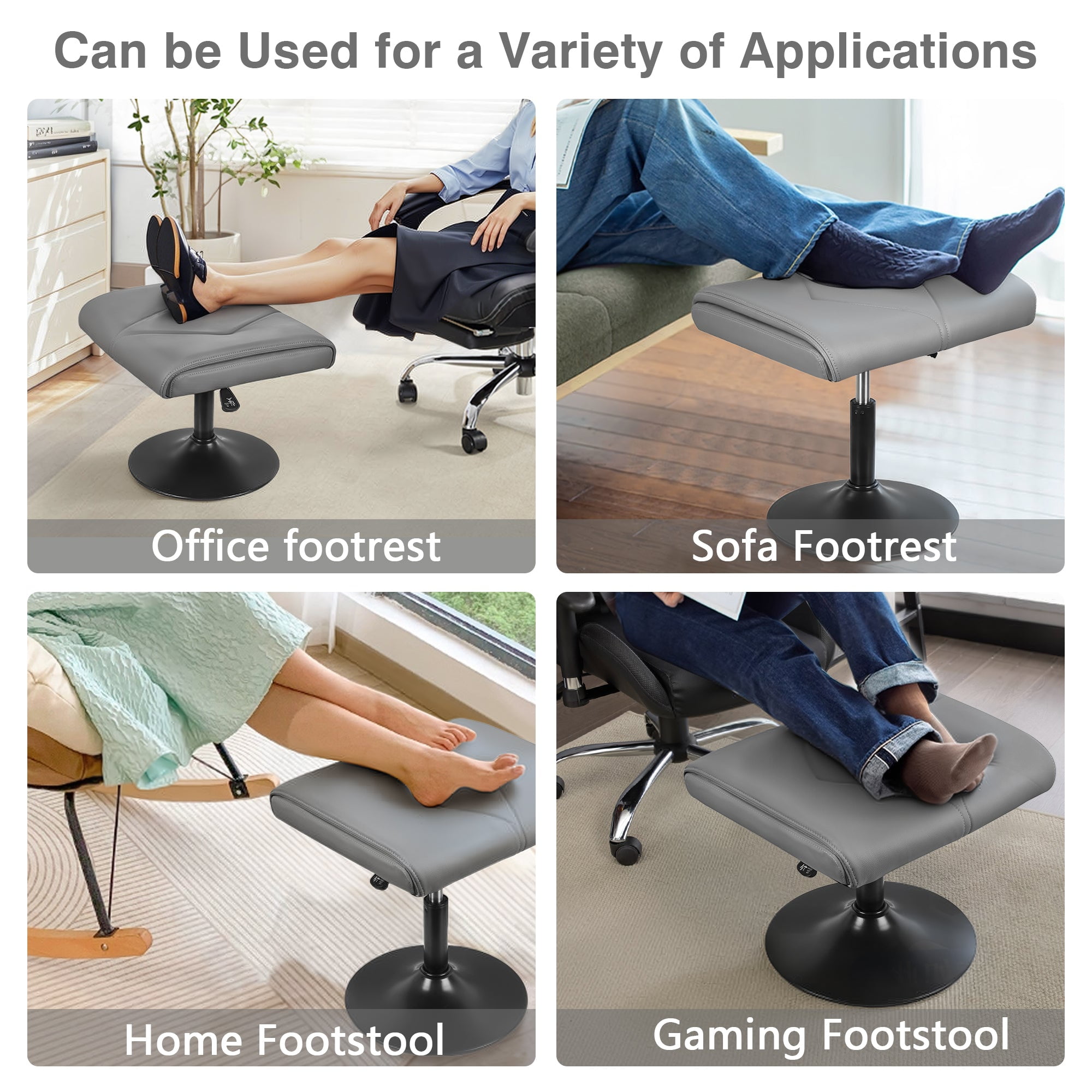 VECELO Footrest Height Adjustable Ottoman Leg and Foot Rest for Work Comfort, Computer Desk Swivel Stool with Thick Padding, Office Seat, Grey