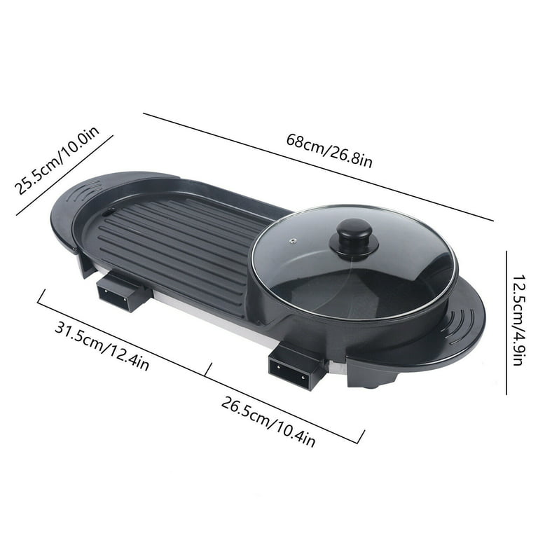 Electric Barbecue Pan Grill Hot Pot Combo, 2 in 1 Pot Non-Stick BBQ  Teppanyaki Pan with Lid 110V Black 