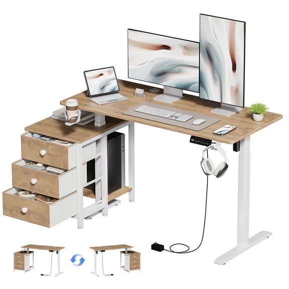 GUNAITO 47.2" Electric Standing Desk with 3-Drawer Cabinet, Adjustable Height Desk with Memory Panel, Office & Gaming Desk，Nutural