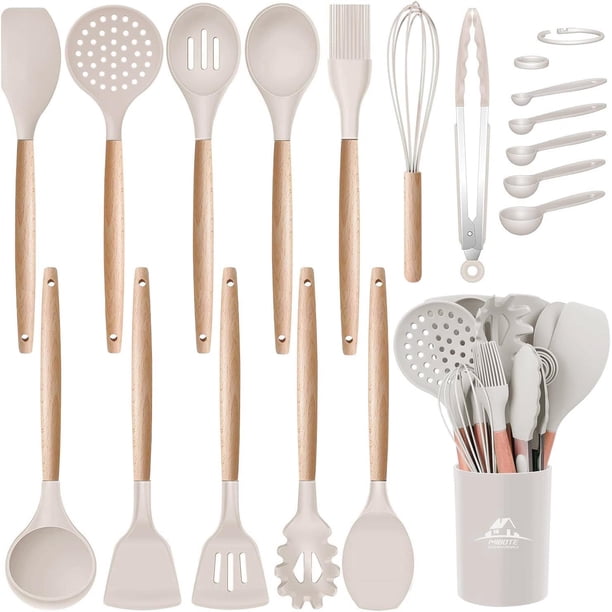 Juego de utensilios de cocina MIBOTE de silicona con soporte y mango de madera