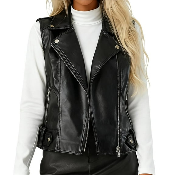 Faux Leather Vest for Women Lapel Sleeveless Moto Slim Fit PU Motorcycle Biker Waistcoat Black L