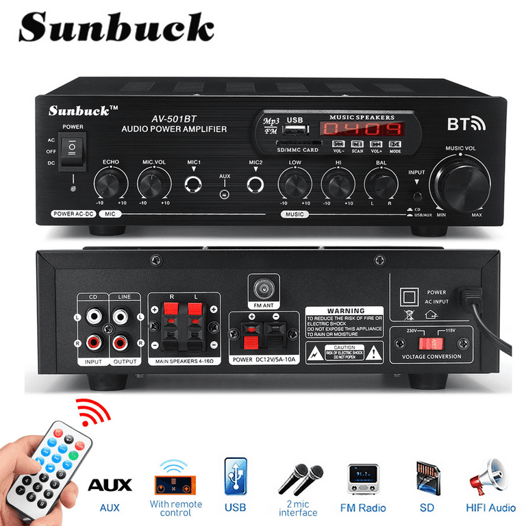 Sunbuck Home Stereo Receiver, 1200 Watts Bluetooth Audio Power Amplifier 110V/220V DC 12V AUX Input USB SD 2* Mic Input - Walmart.com