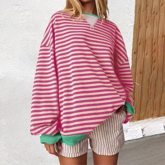Pink Womens Tops Women's Casual Minimalist Striped Embroidered Patchwork with Color Insertions Round Neck Pullover and Bottom Hoodie Long Sleeved Women's Regular Fall Outfits for Women 2025