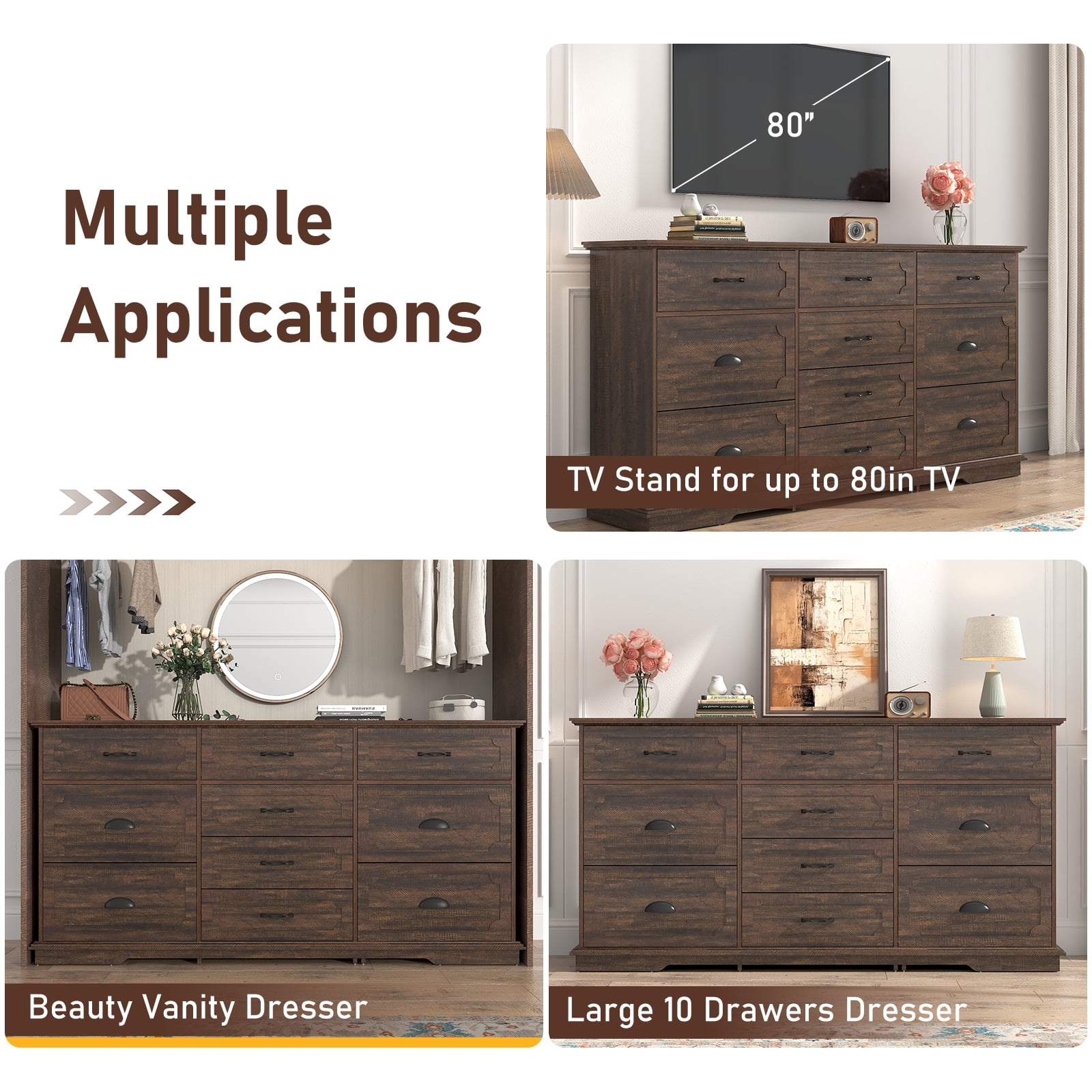 Blotout 70" Large Long Dresser with Deep Drawers, Farmhouse 10 Drawer Dresser for Bedroom, Wide Wood Chest of Drawers with Power Outlets, Rustic Brown Dresser