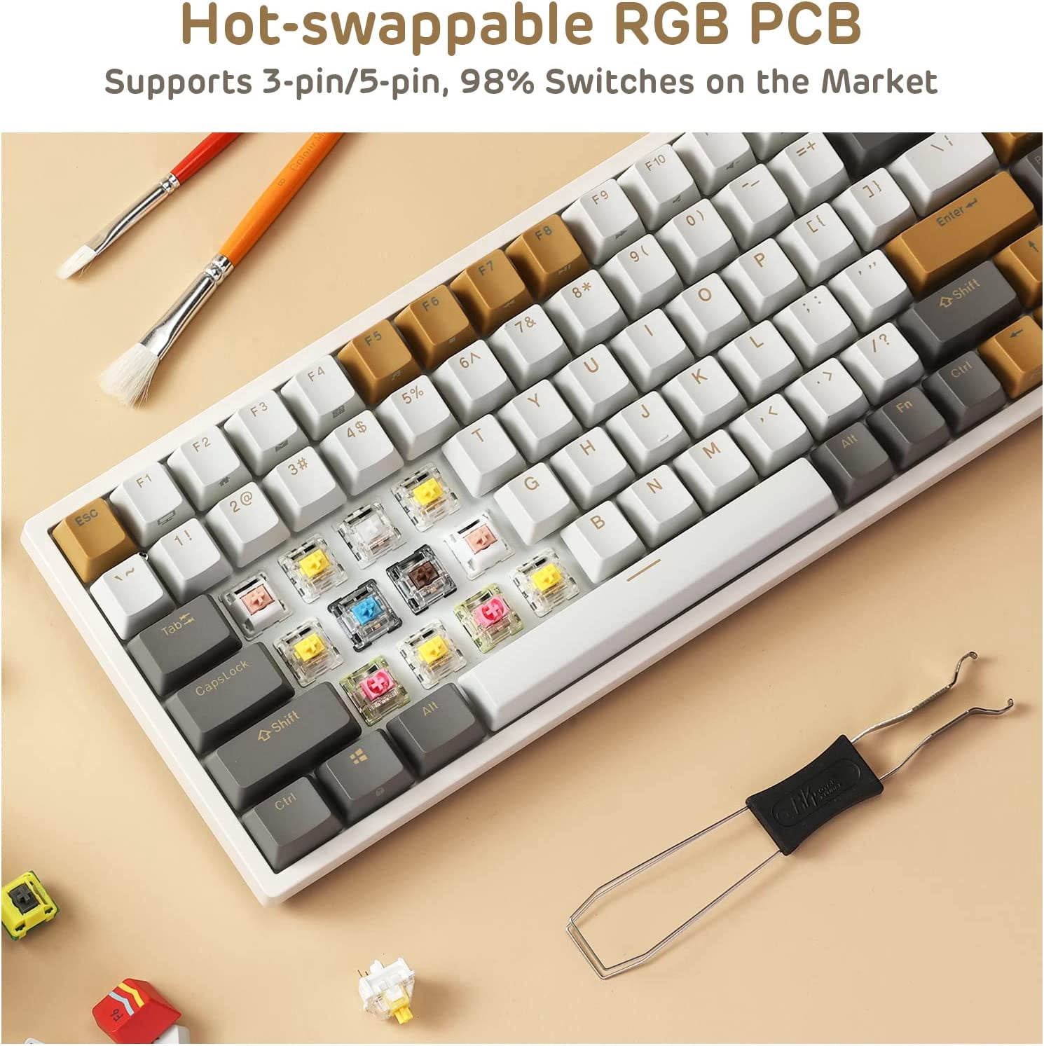 RK ROYAL KLUDGE RK84 RGB Limited Ed, 75% Triple Mode BT5.0/2.4G/USB-C Hot Swappable Mechanical Keyboard, 84 Keys Wireless Gaming Keyboard, RK Yellow Switch, Macchiato White