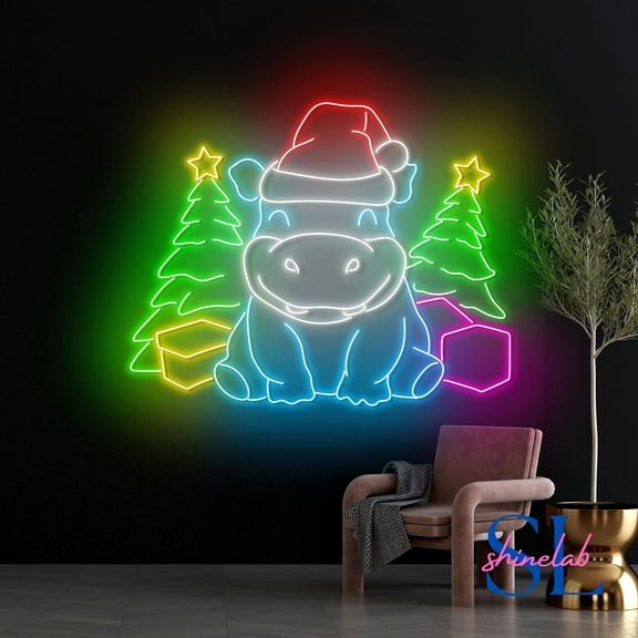 Shinelab Hippopotamus Christmas Neon Sign, Christmas Hippo Led Sign, Cute Hippo Wall Art, Xmas Holiday Wall Decor 908