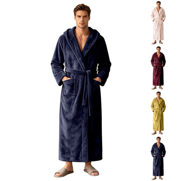 YUANxueke Long Robes for Men with Hood & Pockets,Soft Plush Full Length Bathrobe Winter Fleece Sleepwear