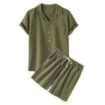 thumbnail image 2 of VBTAPA Mens Linen Shorts and Shirt Set Short Sleeve Button Down Shirts and Drawstring Shorts 2 Pieces Summer Beach Outfits Basic Solid Matching Lounge Sets Army Green XXL, 2 of 9