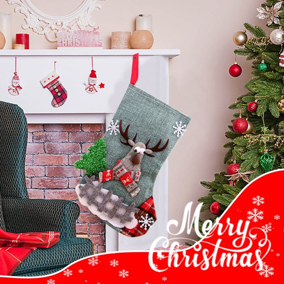 Christmas Deer with Fence Cloth Stocking Gift Bag – Medium 38cm (15in) Burlap-Style Stocking with Deer & Fence Embroidery – Candy Gift Bag Decor