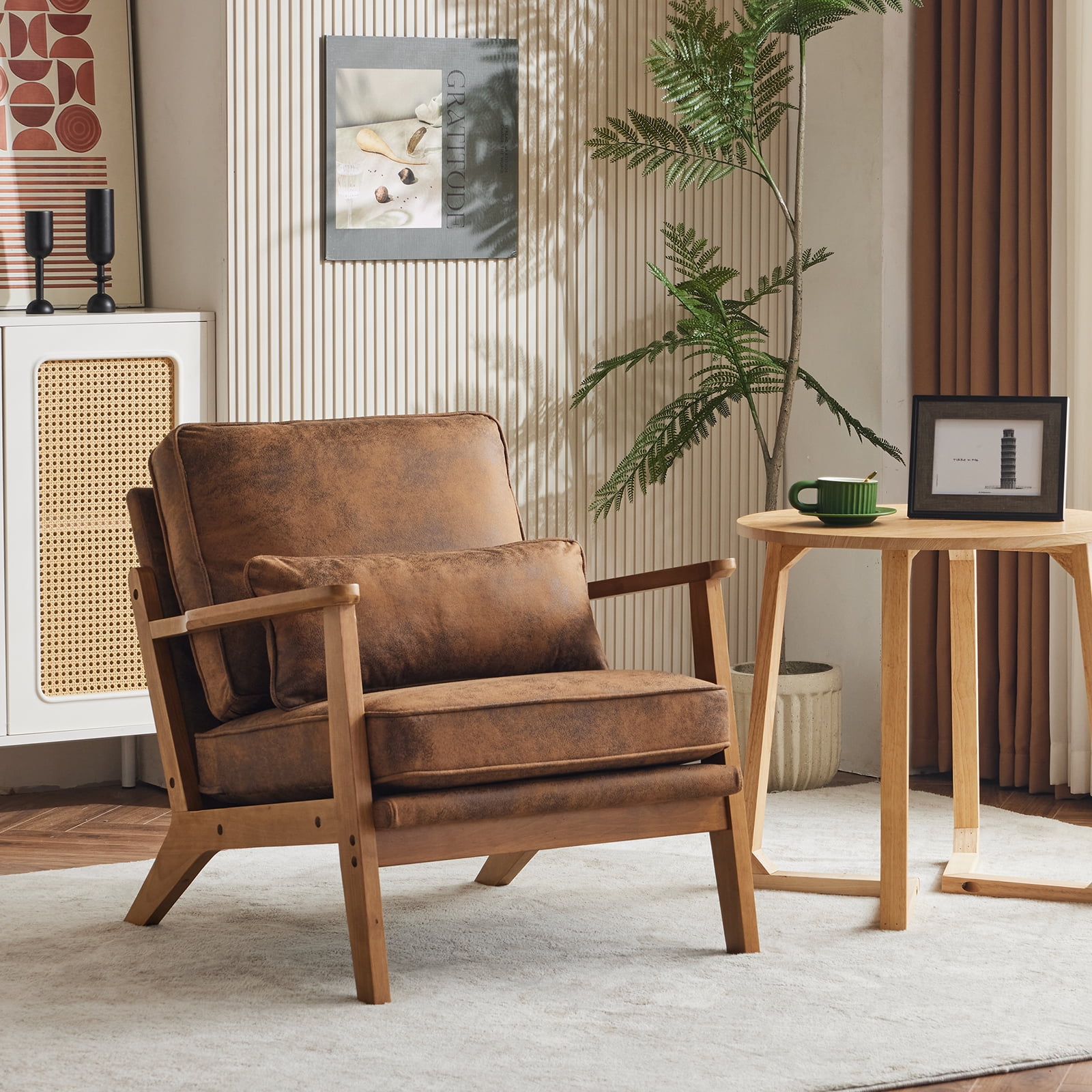 Ktaxon Accent Chair Suede Upholstered Armchair, Reading Club Chair with Pillow for Living Room Bedroom Furniture Brown