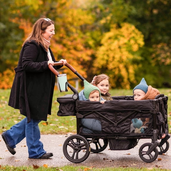 HARPPA Foldable Wagon Stroller for 4 Kids, Quad Stroller Wagon with 5-Point Harness, Large Canopy, Mosquito Net & Storage Basket, Adjustable Push/Pull Handle, Compact Fold, Black
