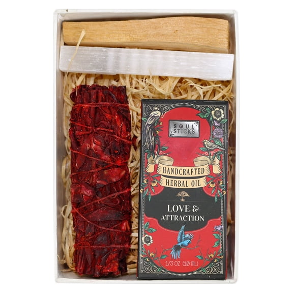 Soul Sticks Intention's Kit Love and Attraction Gift Set with Sage, Spell Herbal Oil, Palo Santo Stick and 4" Selenite Wand Smudge Set in White Gift Box