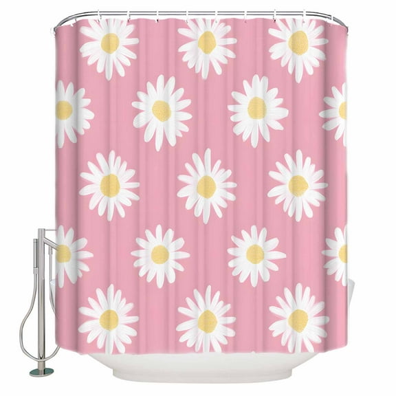 Retro Daisy Shower Curtain, 60" x 72", White Floral Pink Backdrop Waterproof Bathroom Curtain Washable Shower Curtain Set with 12 Hooks