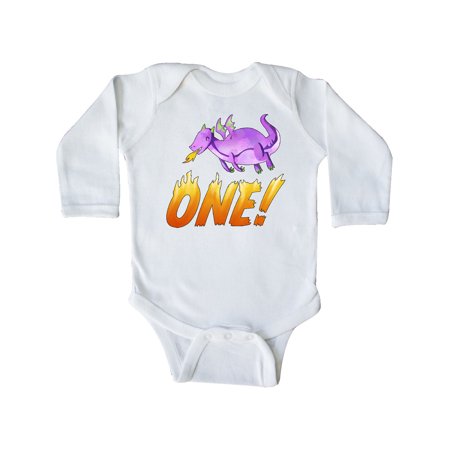 

Inktastic First Birthday Purple Dragon Breathing Fire Gift Baby Boy or Baby Girl Long Sleeve Bodysuit