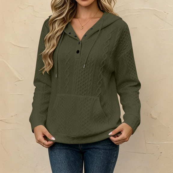 DailyTrove Women Cable Knit Henley Hooded Sweatshirt With Kangaroo Pocket Long Sleeve Tops
