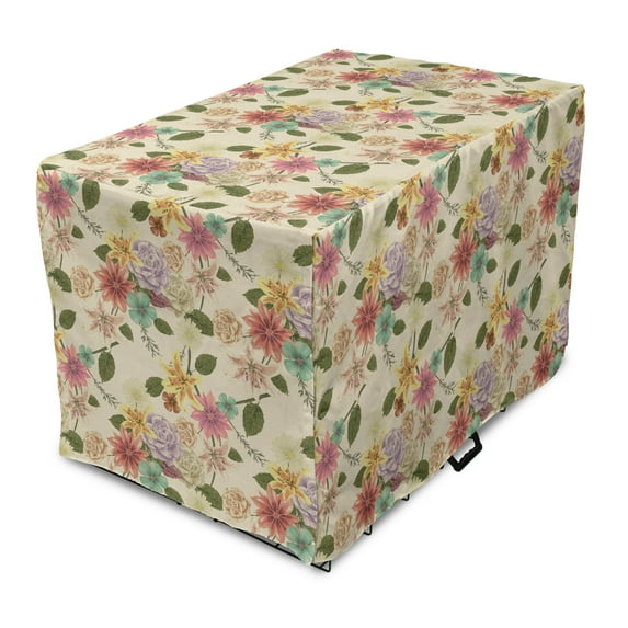 Floral Dog Crate Cover, Classic Blossom Romantic Rose Bouquets Lilly Magnolia Vintage Repetition, Easy to Use Pet Kennel Cover Small Dogs Puppies Kittens, 7 Sizes, Eggshell Multicolor, by Ambesonne