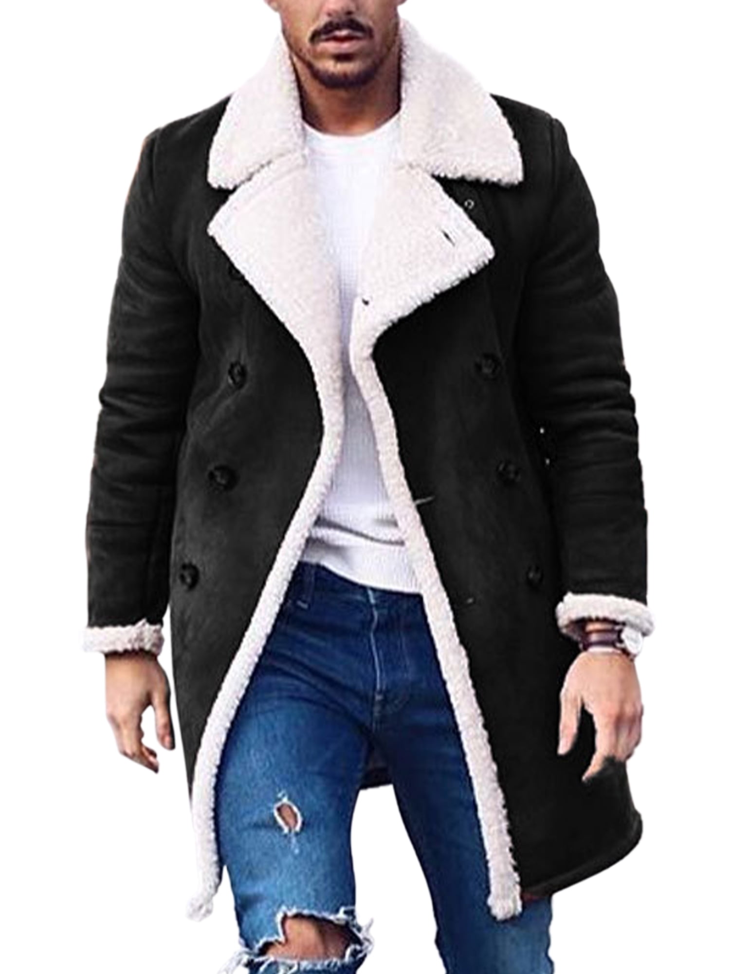 Mens Winter Fleece Fur Lined Jacket Casual Warm Long Sleeve Coat Zip Up Outwear