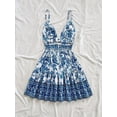 thumbnail image 2 of Blue And White Floral Print V-Neck Spaghetti Strap Mini Dress With Cutout Waist And Tiered Skirt, 2 of 6