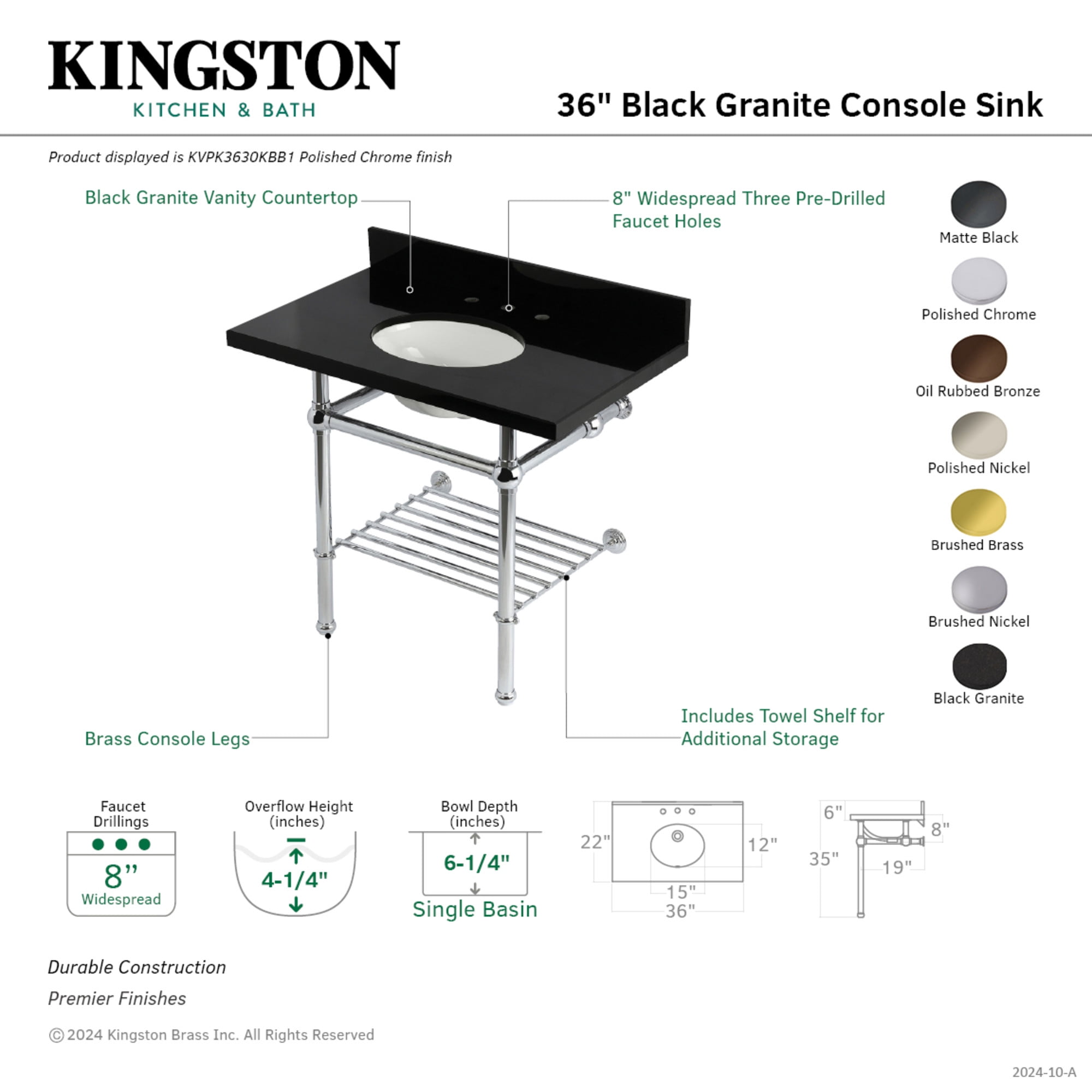 Kingston Brass KVPK3630KBB1 Templeton 36" Black Granite Console Sink with Brass Legs and Shelf (8-Inch, 3-Hole), Black Granite/Polished Chrome