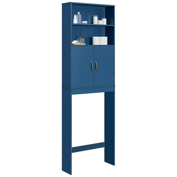 Over The Toilet Cabinet, Double Door Bathroom Storage Organizer, Toilet Rack with Inner Adjustable Shelf and 2 Upper Open Compartments, L25xW8xH77 Inches, Navy Blue