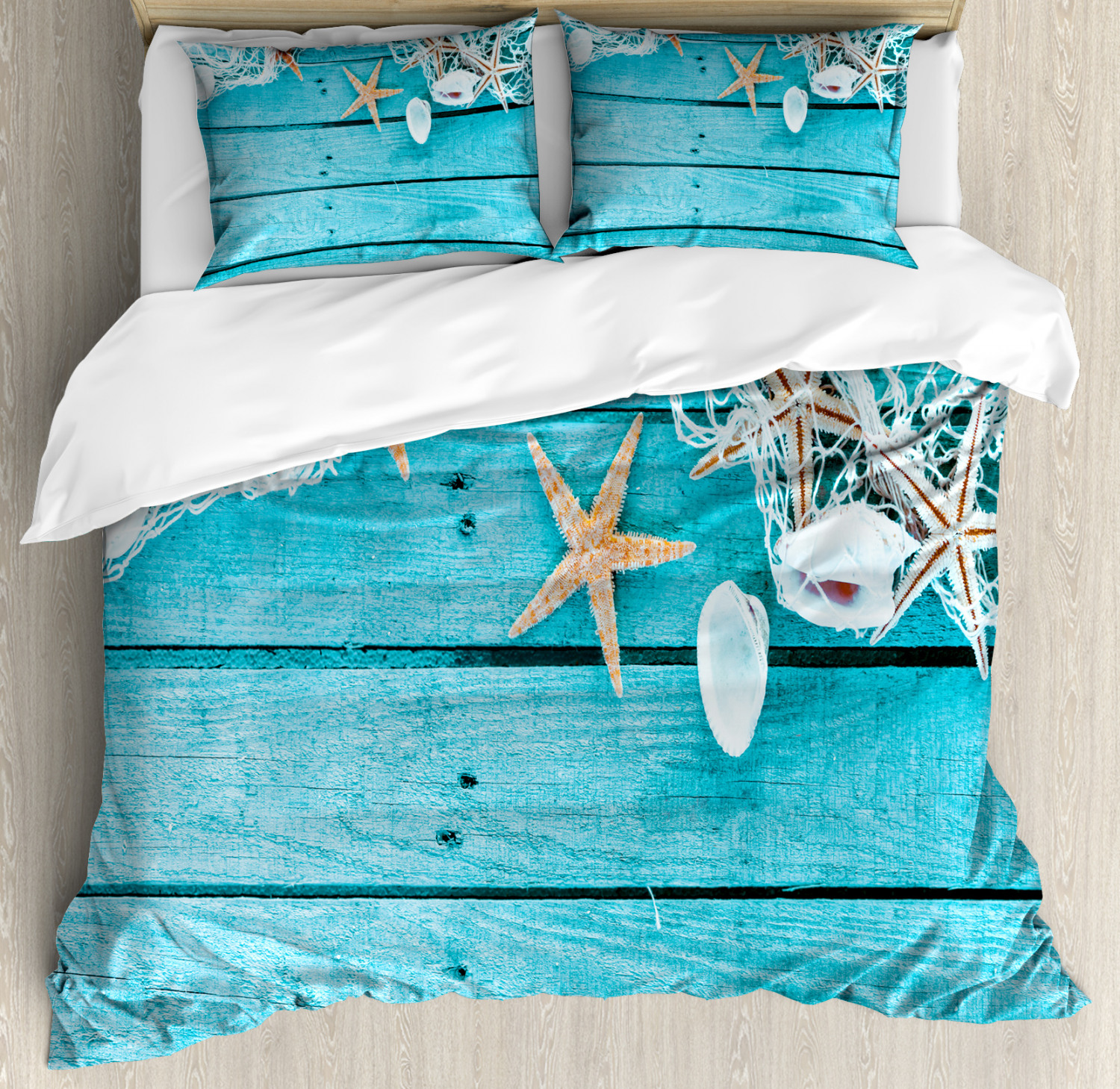Maritime Duvet Cover Set King Size, Nautical Elements Starfishes Shells