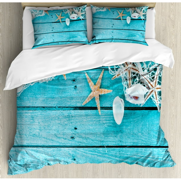 Maritime Duvet Cover Set, Nautical Elements Starfishes Shells and Net