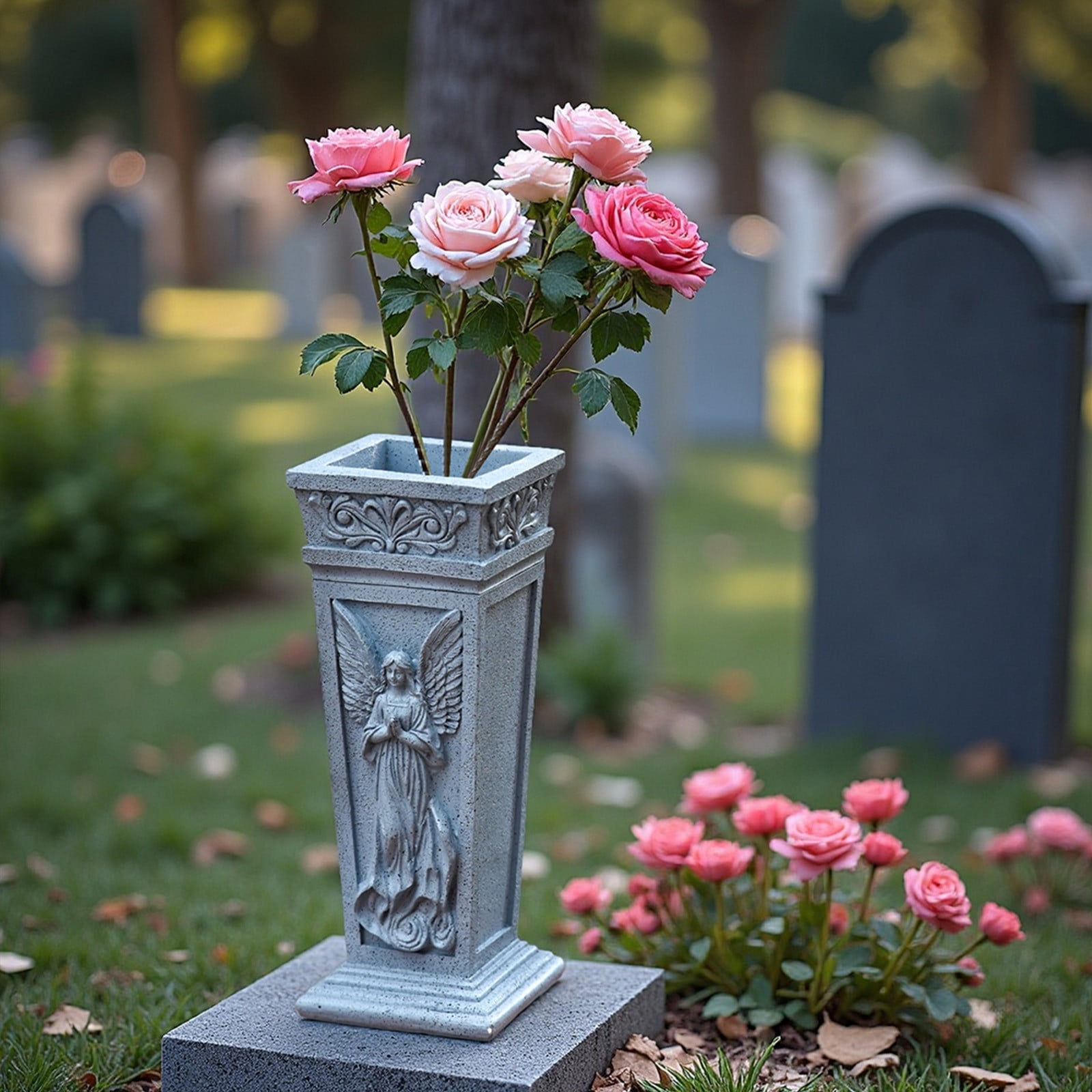 Garden Angel Statue Garden Angel Statue with Vase, Outdoor Resin Figurine Decor, Memorial Garden Stakes, Cemetery Decoration, Patio Yard Art, Gray Angel Sculpture Outdoor Resin Figurine