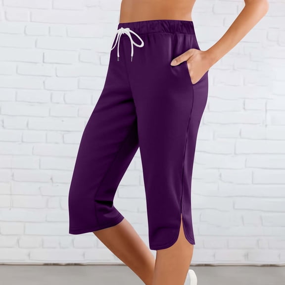 Yoga Pants for Women Athletic Casual Split Hem Elastic Drawstring Capri Pants with Pockets Activewear