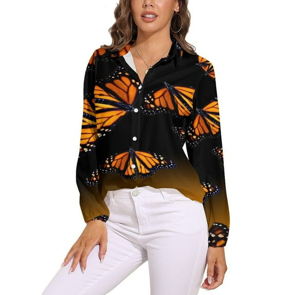 Orange Monarch Butterflys Long Sleeve Blouse Woman Streetwear Casual Shirts Summer Oversize Woman Streetwear Clothing Birthday Present
