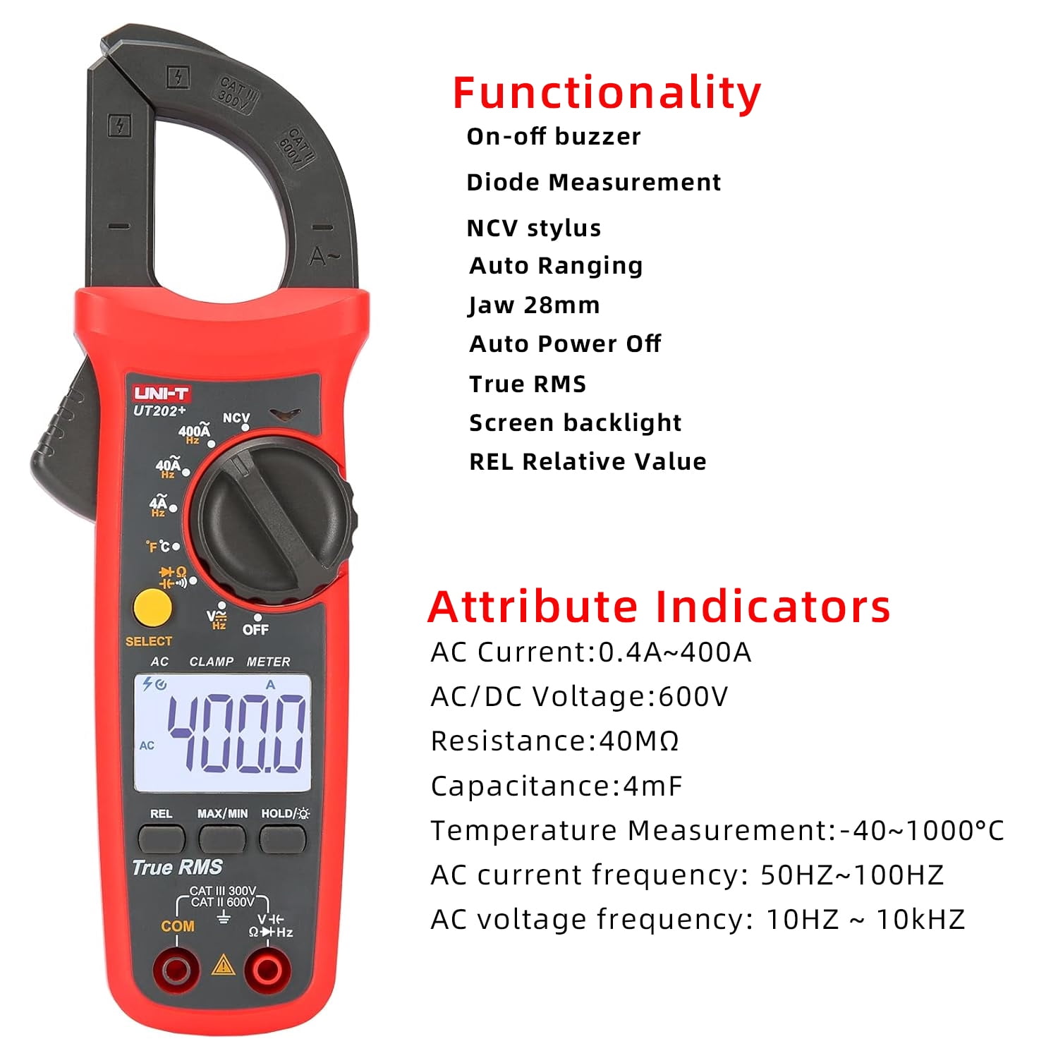 UNI-T 4000-Count Digital Clamp Multimeter UT202+ True RMS Clamp Meter 600V AC/DC Voltage,AC Current,NCV Capacitance Resistance Temperature Tester for Home Automotive DIY