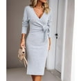 thumbnail image 4 of SWSMCLT Women's Sweater Dress Side Split Long Sleeve Bodycon Dresses Fall Midi Long Deep V Neck Fitted Spring Casual Elegant Grey Small, 4 of 4