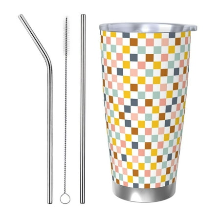 

Fuzoiu Colorful Checkered 1 Print 20oz Tumbler Stainless Steel Vacuum Insulated Car Cup Insulated Coffee Mug Travel Mug with Lid Thermal Cup for Outdoor-Straw Three-piece Set