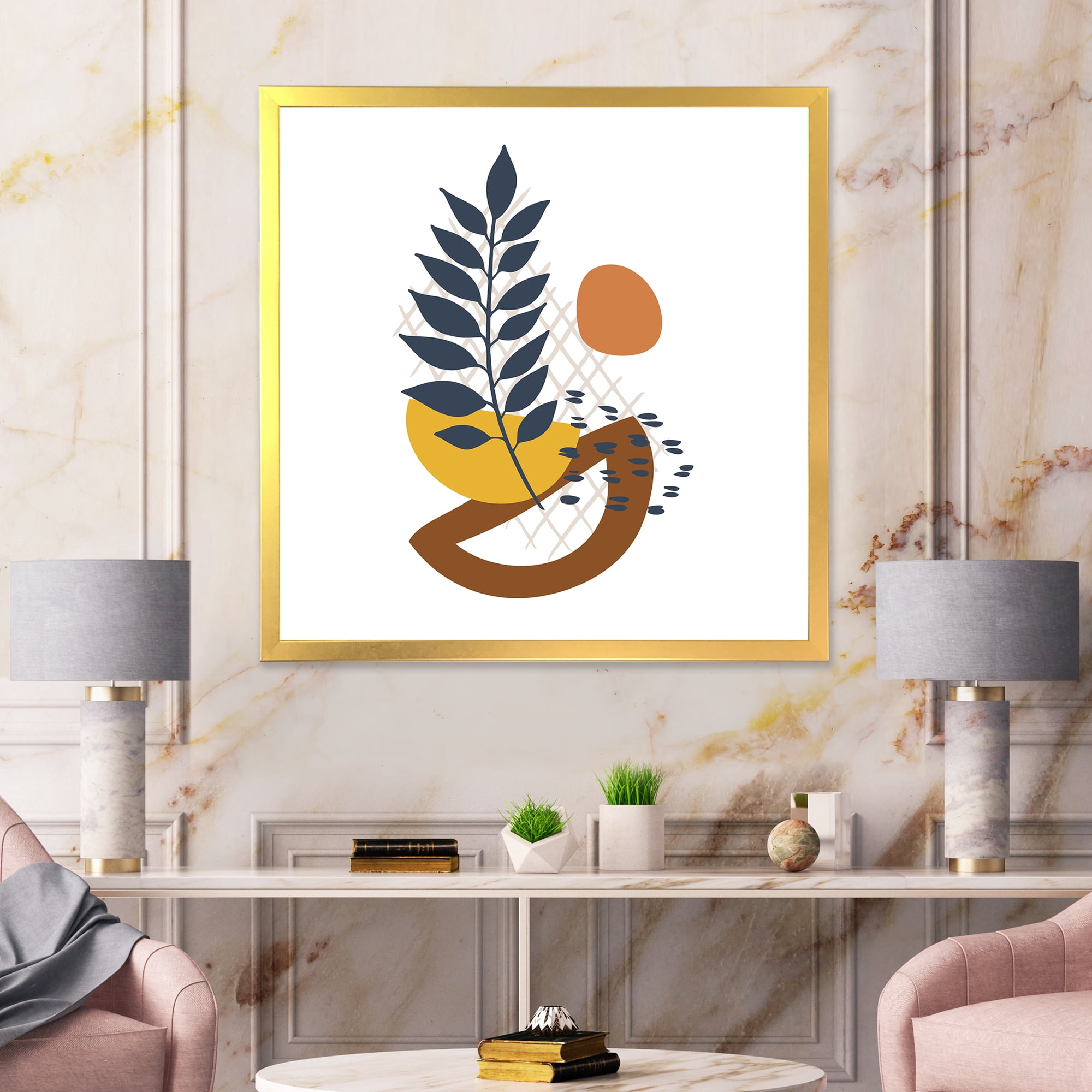 Designart 'Abstract Leaves With Elementary Shapes' Modern Framed Art Print