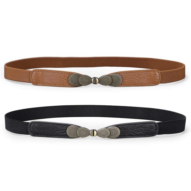Cinturón elástico ajustado para mujer, cinturón elástico para vestidos, cintura Retro para mujer, cinturón fino Vintage, negro + camello
