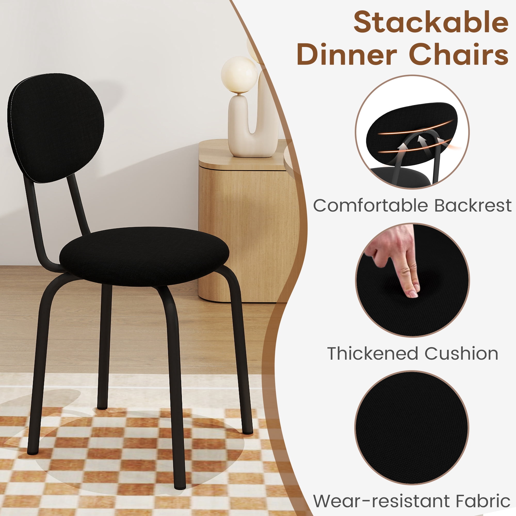Melocadol Stackable Dining Chairs Set of 4, Modern Upholstered Dining Chairs with Comfortable Padded Seating, Steel Frame with 400 Lb. Capacity, Space Saving, for Kitchen, Dining Room, Black