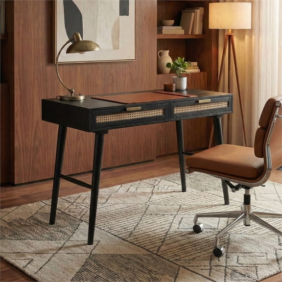 Casartis Living Atlas Cane Mid Century Modern Mango Wood Desk in Black
