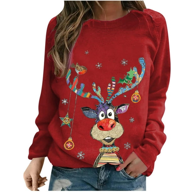 PRINxy Sudadera recortada de Navidad para mujer, cuello redondo, estampado informal, manga suéter superior - Walmart.com