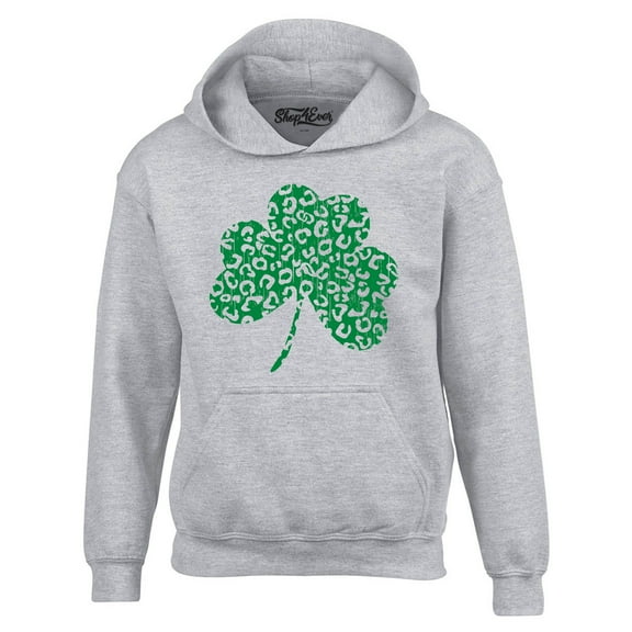 Shop4Ever Men's Leopard Print Shamrock St. Patrick's Day Hooded Sweatshirt Hoodie Small Sports Grey