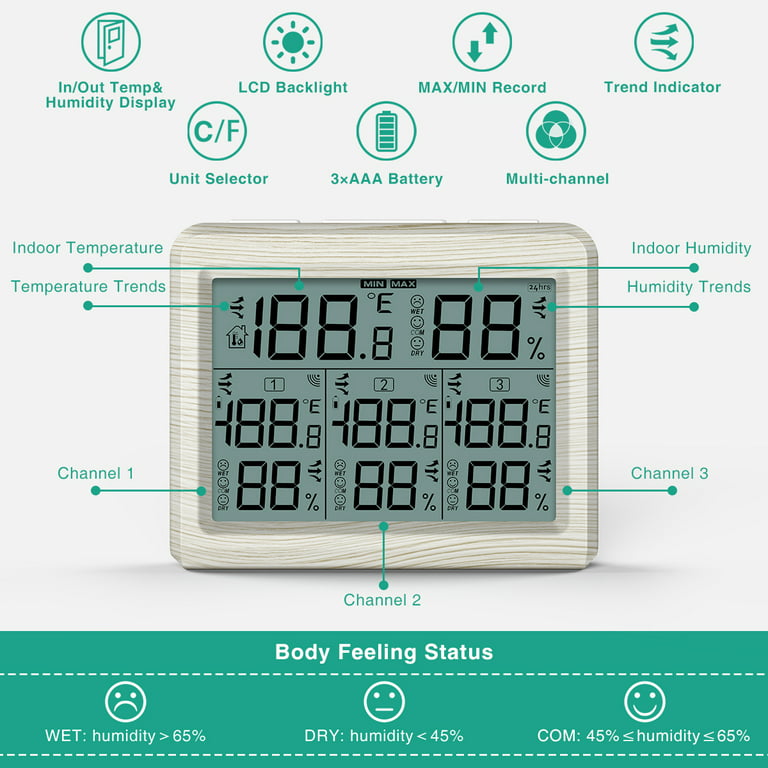 Oria Indoor Outdoor Thermometer with 3 Wireless Sensors, Digital Hygrometer Thermometer, Gray, Size: One Size