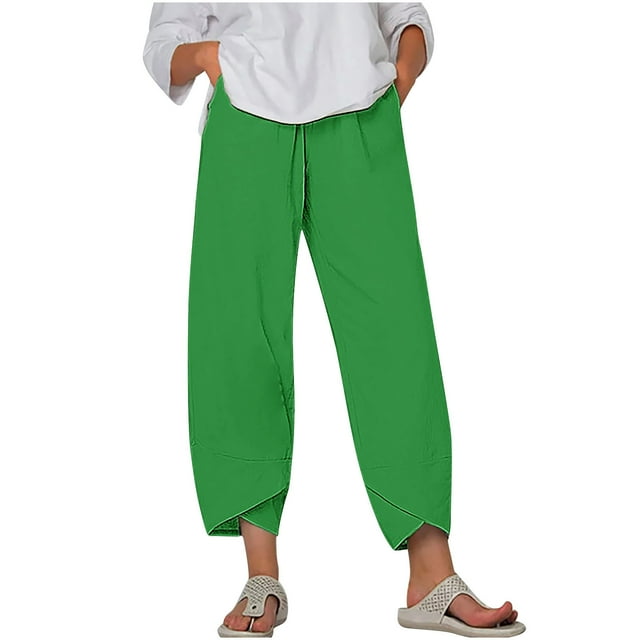 Timegard Plus Size Pants for Women Elastic Waist Solid Color Comfy Fall Casual Crop Pants with Pockets