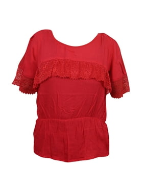 Mogul Womens Solid Top Red Lace Work Short Sleeves Rayon Summer Tops