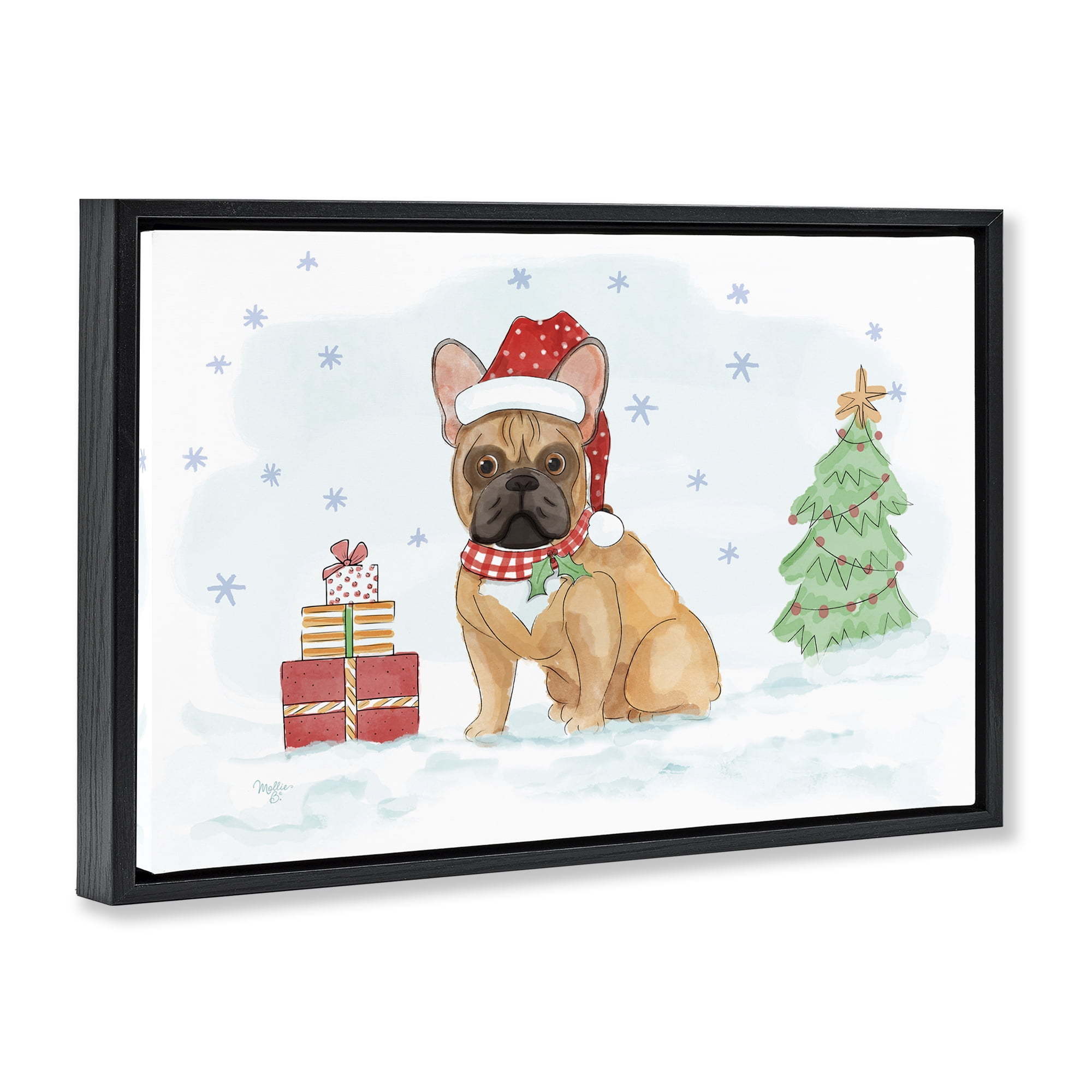 Stupell Industries Holiday Dog in Snow Holiday Painting Black Floater Framed Canvas Art Prints Wall Art, 25 x 17