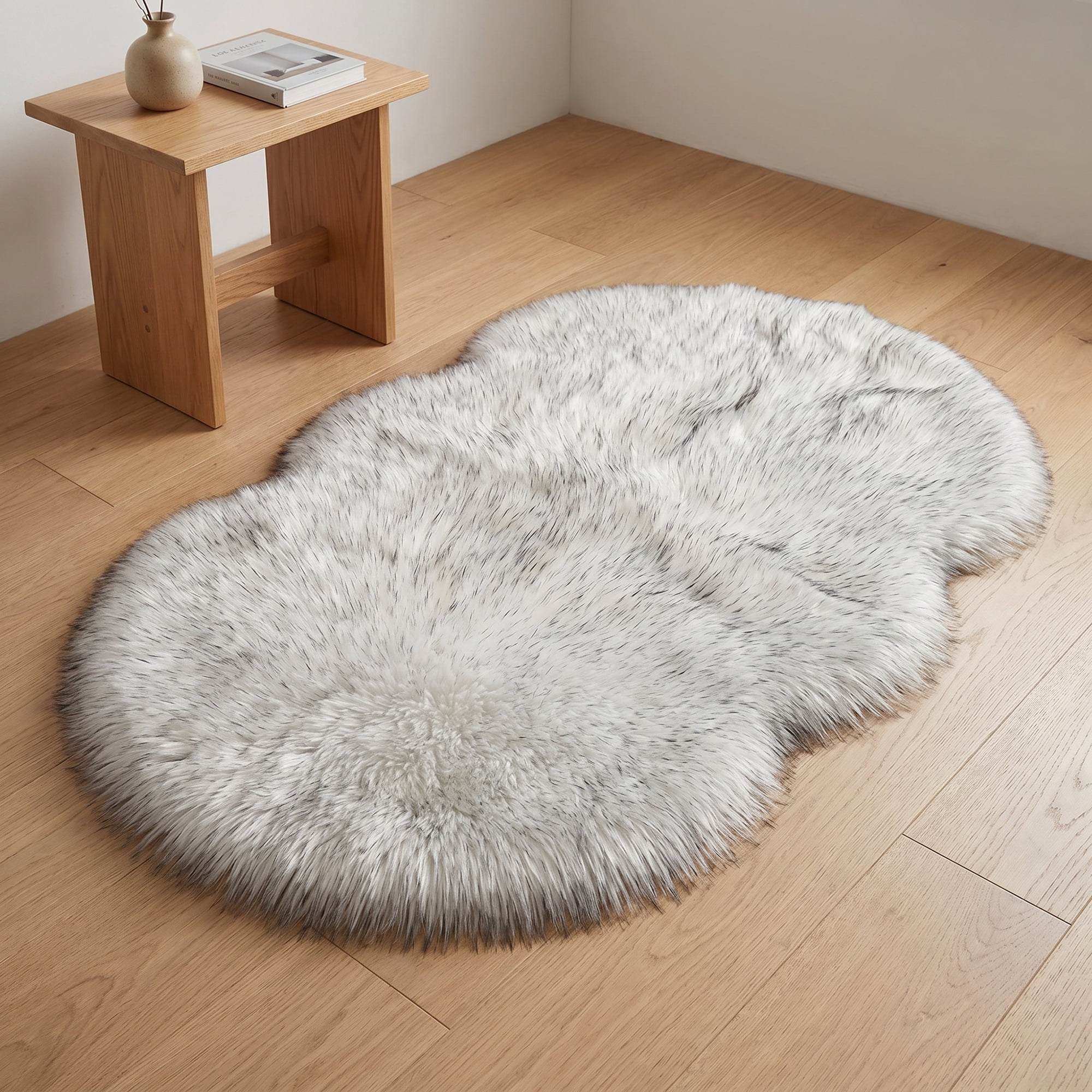 Unique Bargains Ultra Fluffy Bedroom Non Slip Fuzzy Shaggy Area Rug 35" x 24" White Black