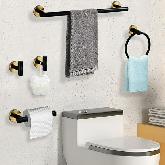 Bathroom Towel Rack Set, 5-Piece Matte Black and Gold Stainless Steel, Wall-Mounted, Space-Saving, Easy Installation for Bathroom and Kitchen