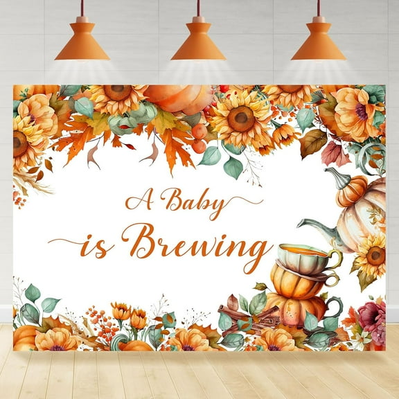 7x5FT Tea Party Baby Shower Backdrop A Baby is Brewing Autumn Sunflower Maple Photography Background Newborn Baby Shower Party Decoration Supplies Cake Table Banner Photo Booth Studio Props