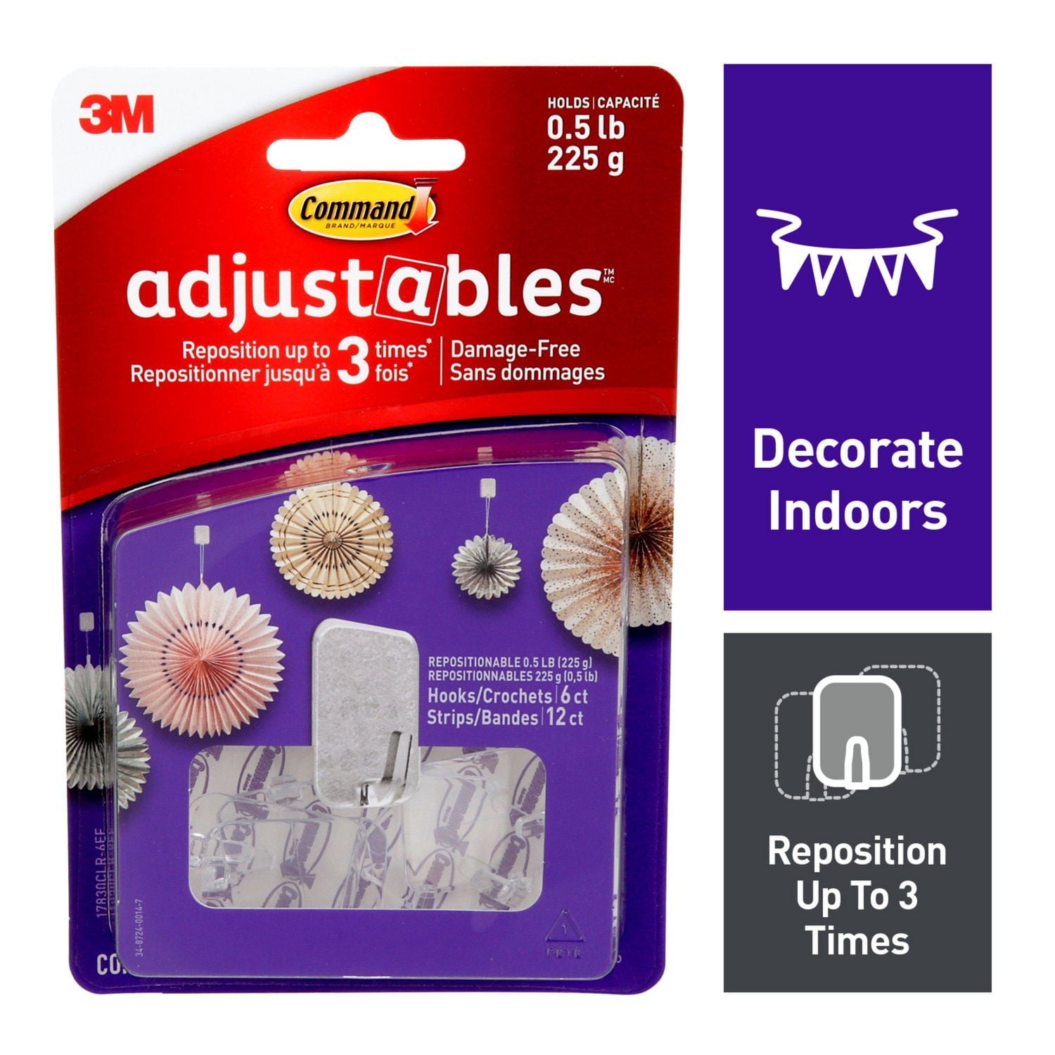 Command® Adjustables™ Repositionable Hooks 17830CLR-6EF, 0.5 lb (225 g)