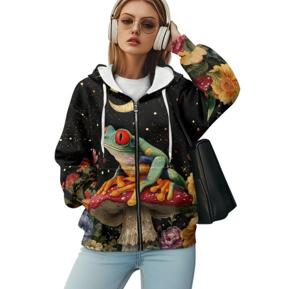 Yuyamidu Oversized Hoodies for Women Frog Hoodie Cute Mushroom Sweatshirt Zip Up Jackets for Women Sweatshirts Long Sleeve Jacket with Pockets XS