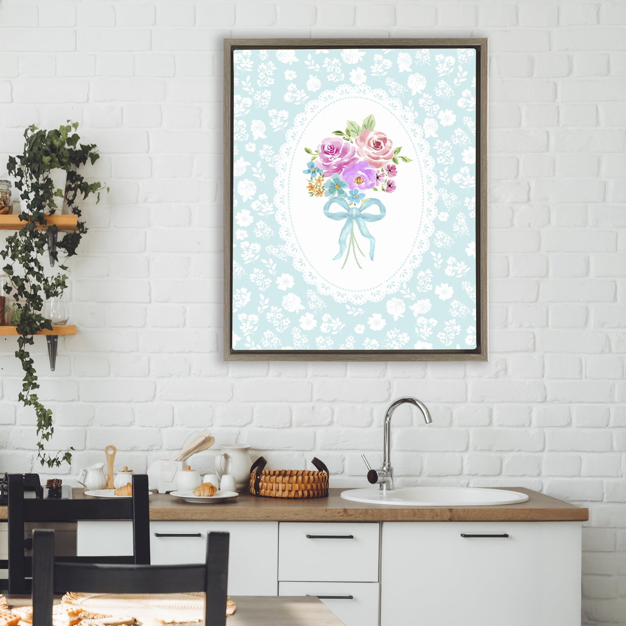 Stupell Industries Aqua Feminine Bouquet Brown Framed Floater Canvas Wall Art, design by Corinne Haig