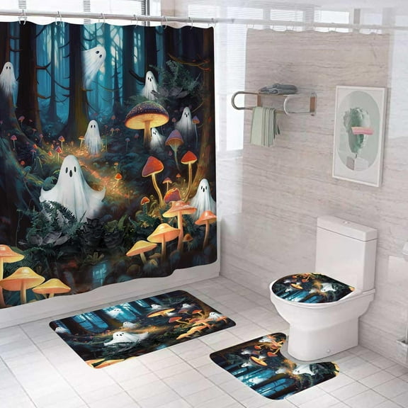 4PCS Fashion Pink Skull Shower Curtain Sets With Rugs, Get Naked Shower Curtain, Waterproof Fabric Shower Curtain, Halloween Trendy Gothic Spooky Skeleton Dark Rose Floral Women Bathroom Decor